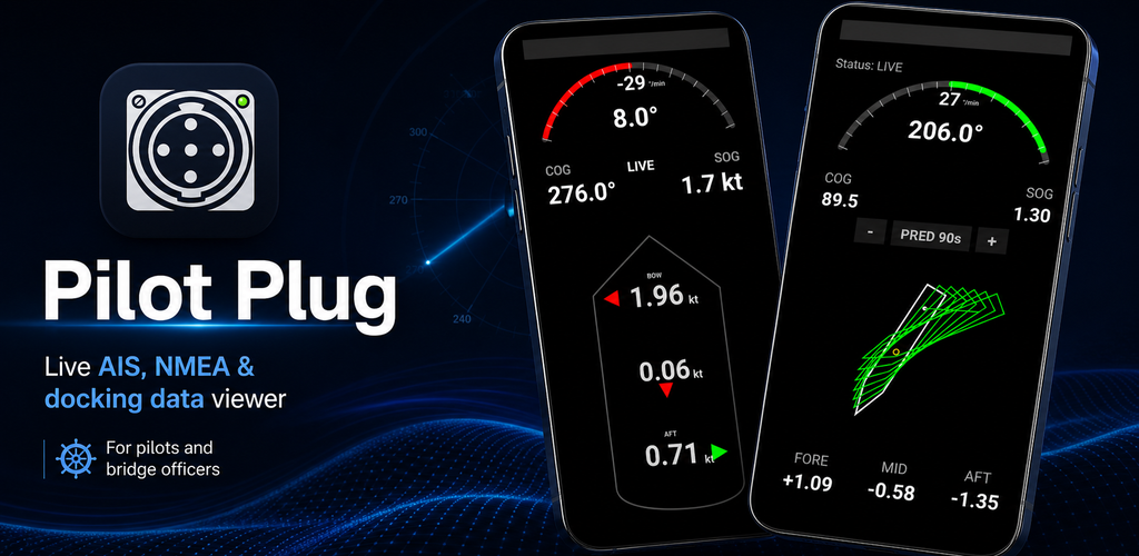 Pilot Plug Android app screens showing live heading, docking and prediction data